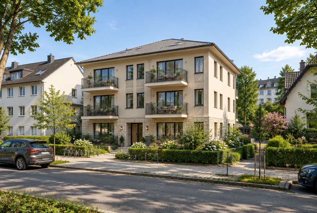 Three-storey apartment building with balconies on a quiet residential street