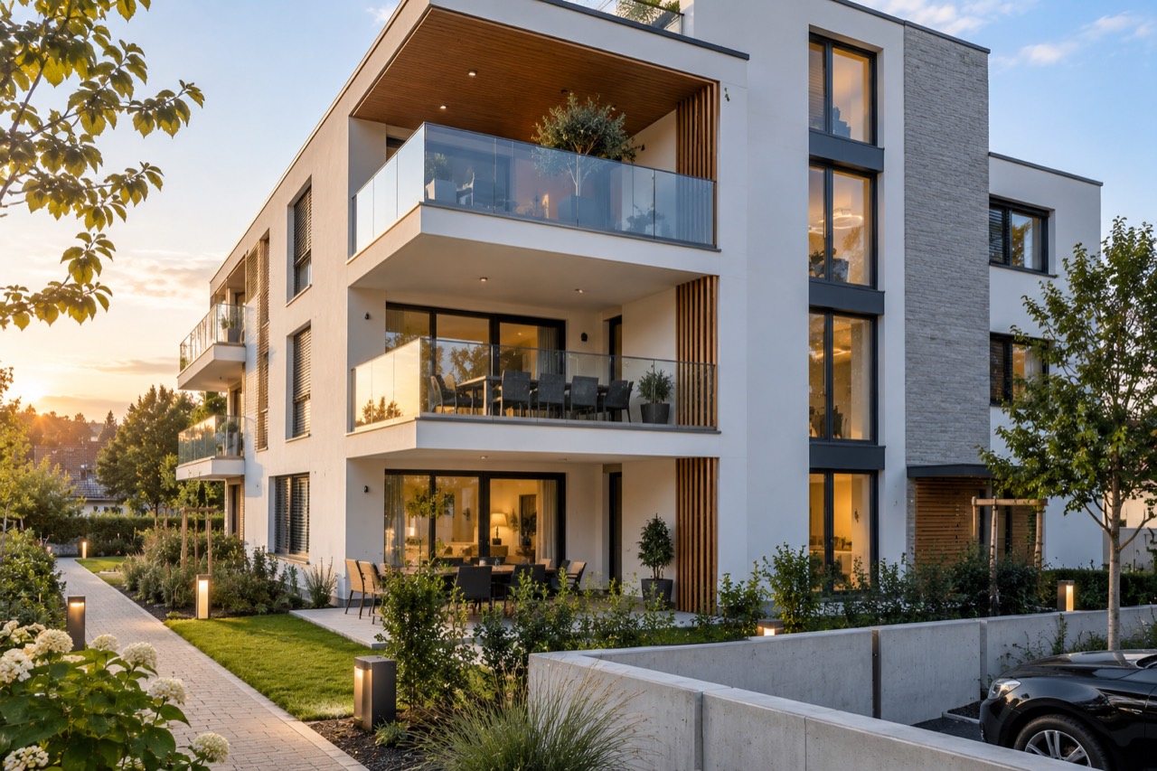 Completed apartment building with balconies and landscaped grounds at dusk
