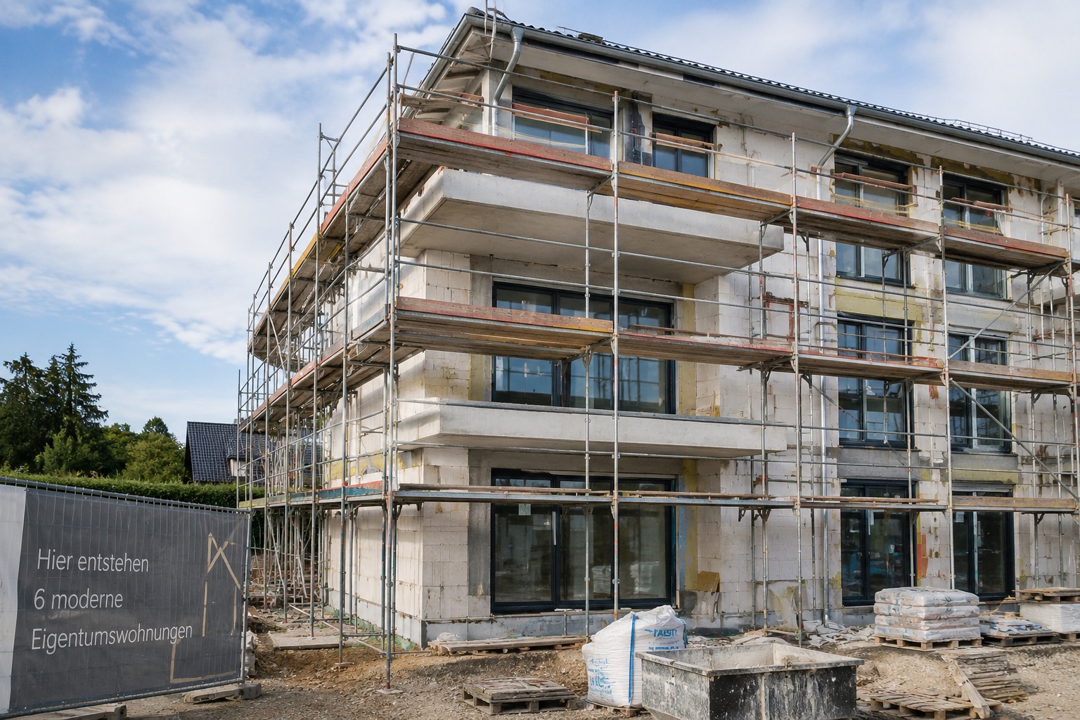 Apartment building under construction with scaffolding and a site board announcing six modern owner-occupied apartments